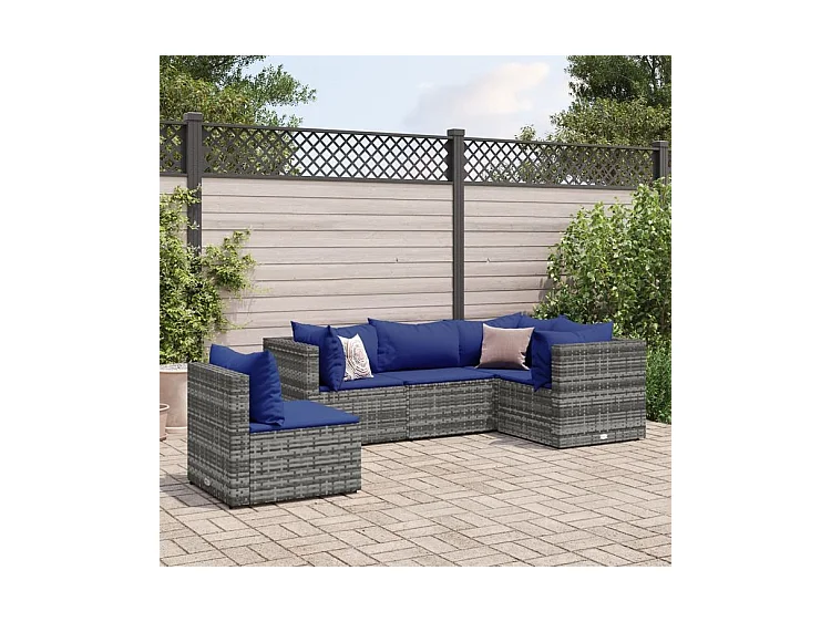 Salon de jardin 5 pcs avec coussins Gris Résine tressée