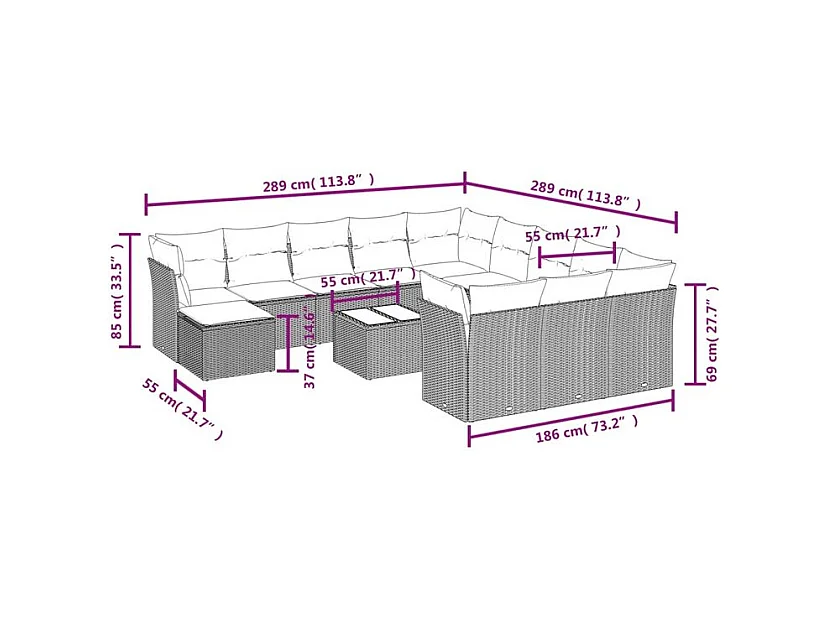 Salon de jardin avec coussins 13 pcs marron résine tressée