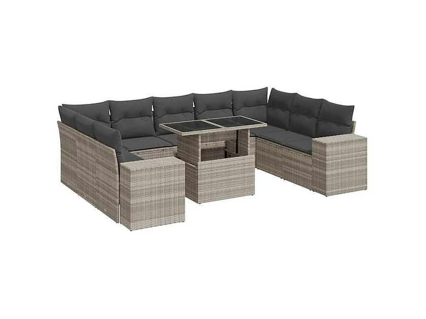 Salon de jardin avec coussins 10 pcs gris clair résine tressée