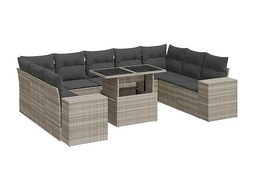 Salon de jardin avec coussins 10 pcs gris clair résine tressée