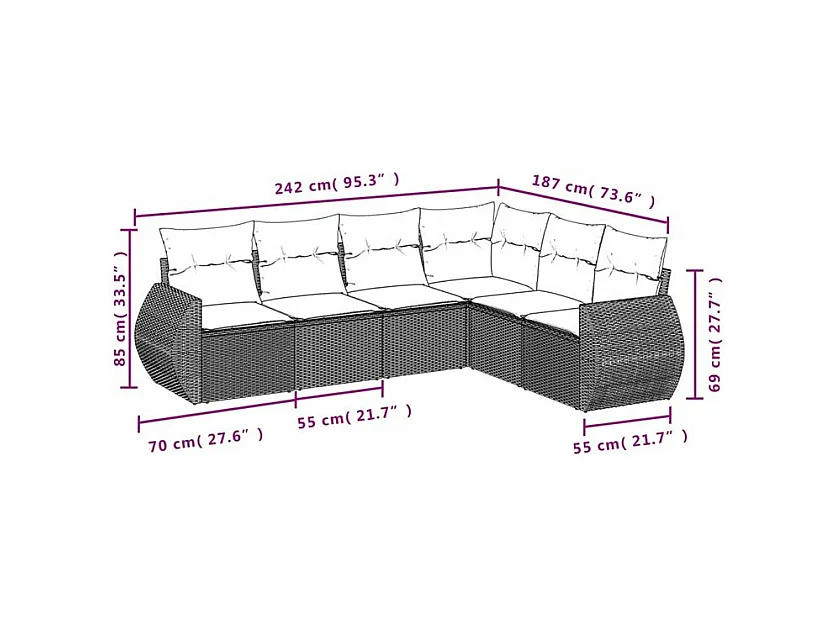 Salon de jardin avec coussins 6 pcs marron résine tressée