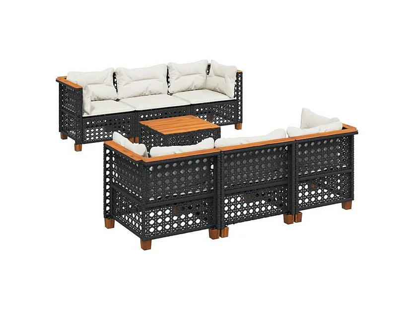 Salon de jardin 7 pcs avec coussins noir résine tressée