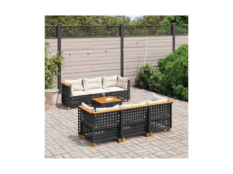 Salon de jardin 7 pcs avec coussins noir résine tressée