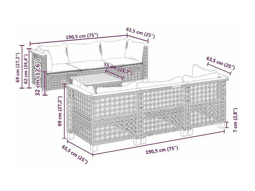Salon de jardin 7 pcs avec coussins noir résine tressée