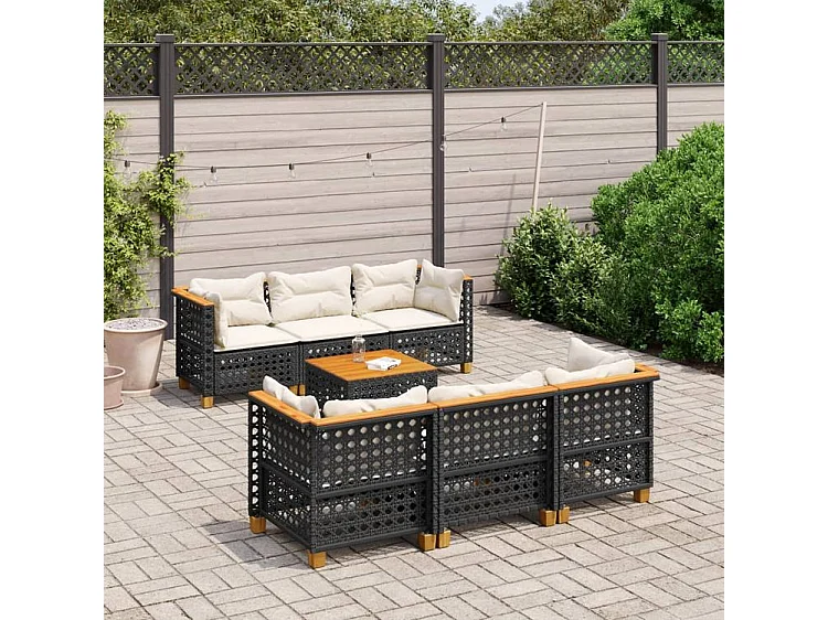 Salon de jardin 7 pcs avec coussins noir résine tressée