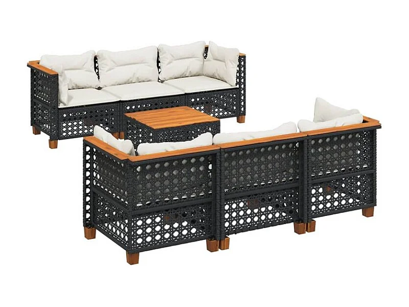 Salon de jardin 7 pcs avec coussins noir résine tressée