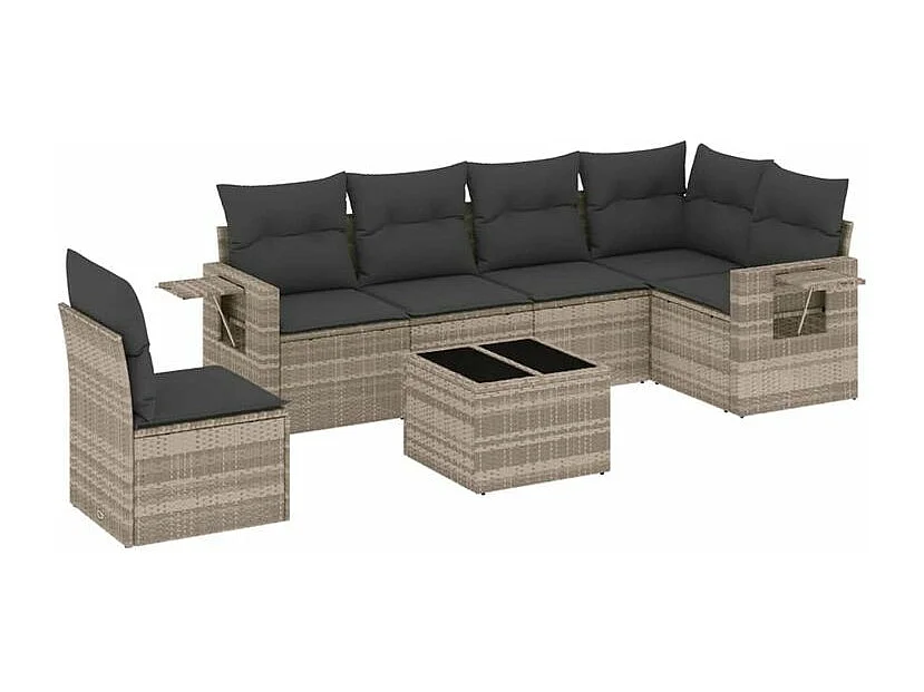 Salon de jardin avec coussins 7 pcs gris clair résine tressée