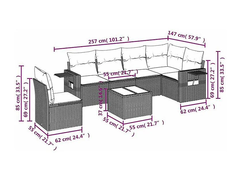 Salon de jardin avec coussins 7 pcs gris clair résine tressée