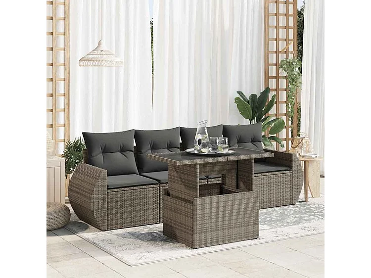 Salon de jardin 5 pcs avec coussins gris résine tressée