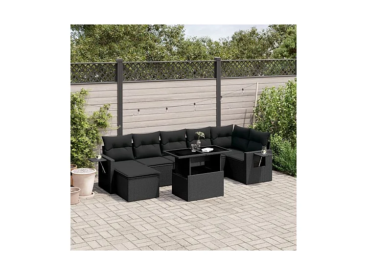 Salon de jardin 8 pcs avec coussins noir résine tressée