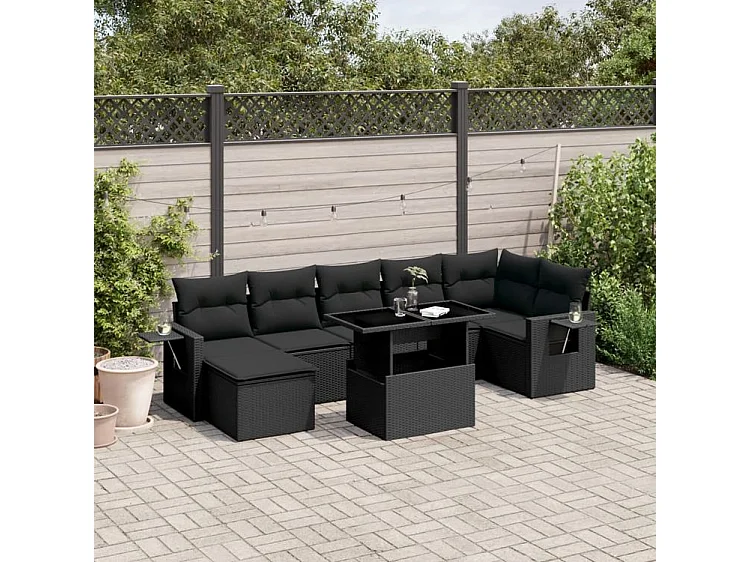 Salon de jardin 8 pcs avec coussins noir résine tressée