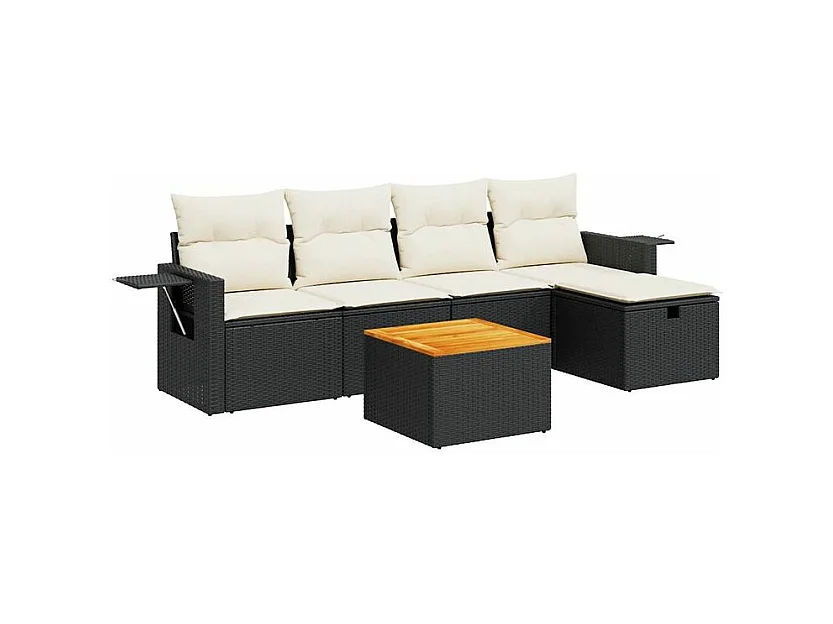 Salon de jardin 6 pcs avec coussins noir résine tressée