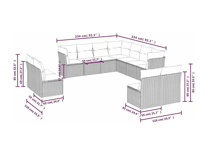 Salon de jardin 11 pcs avec coussins gris clair résine tressée