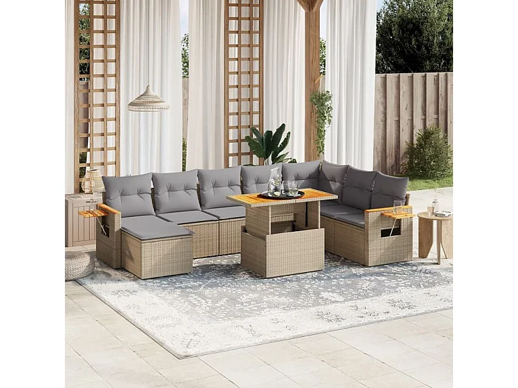 Salon de jardin avec coussins 8 pcs beige résine tressée
