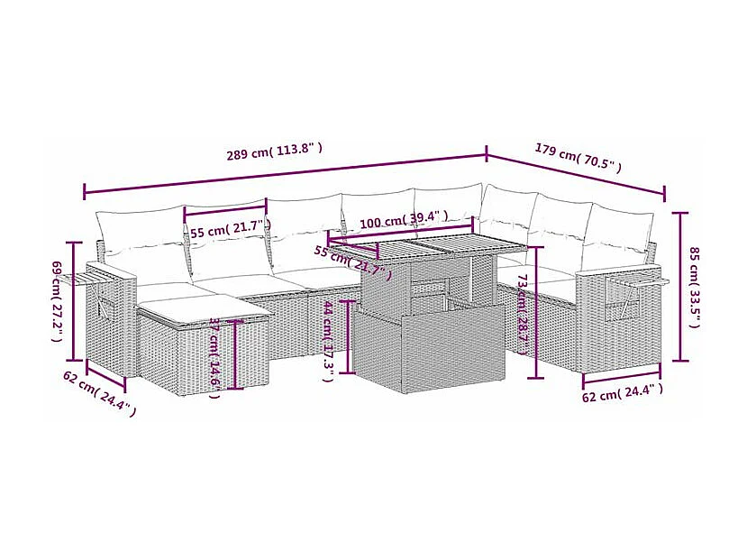 Salon de jardin avec coussins 8 pcs beige résine tressée
