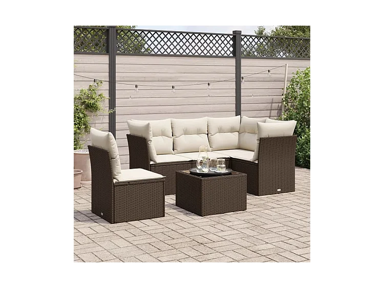 Salon de jardin avec coussins 6 pcs marron résine tressée