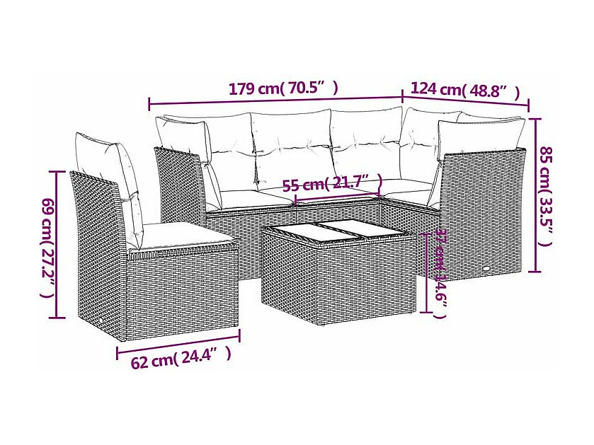 Salon de jardin avec coussins 6 pcs marron résine tressée