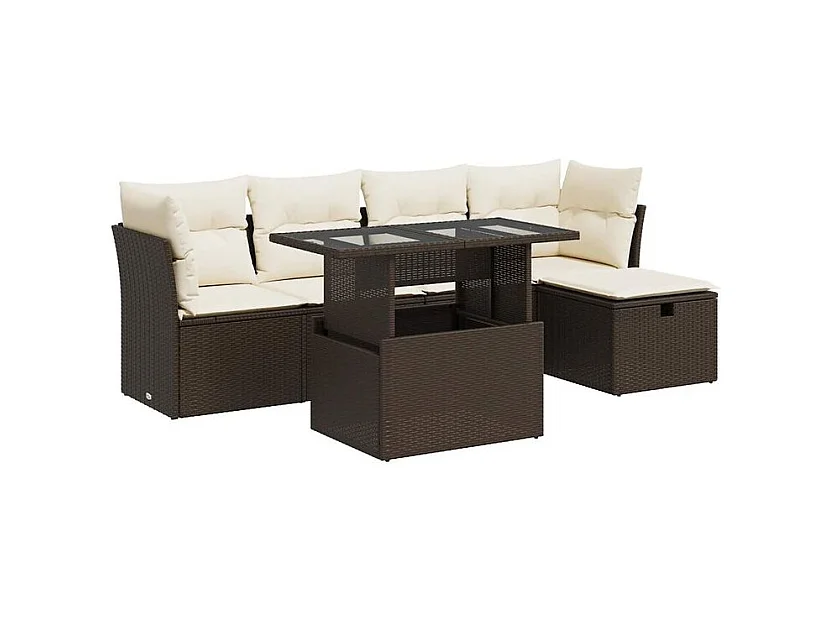 Salon de jardin avec coussins 6 pcs marron résine tressée