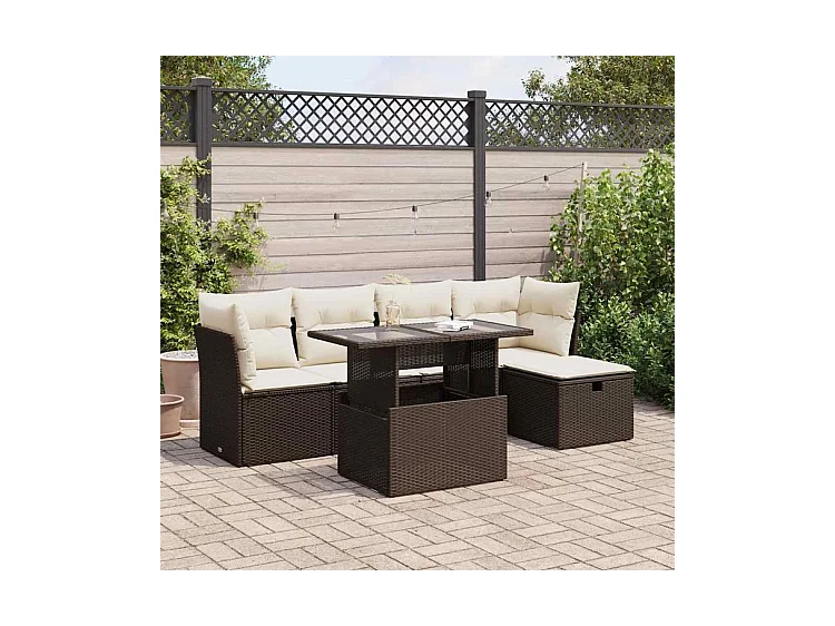Salon de jardin avec coussins 6 pcs marron résine tressée