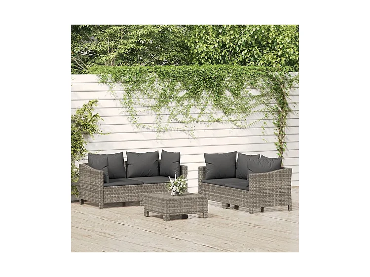 Salon de jardin 5 pcs avec coussins Gris Résine tressée