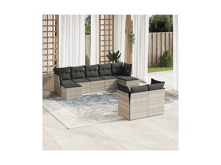Salon de jardin 9 pcs avec coussins gris clair résine tressée