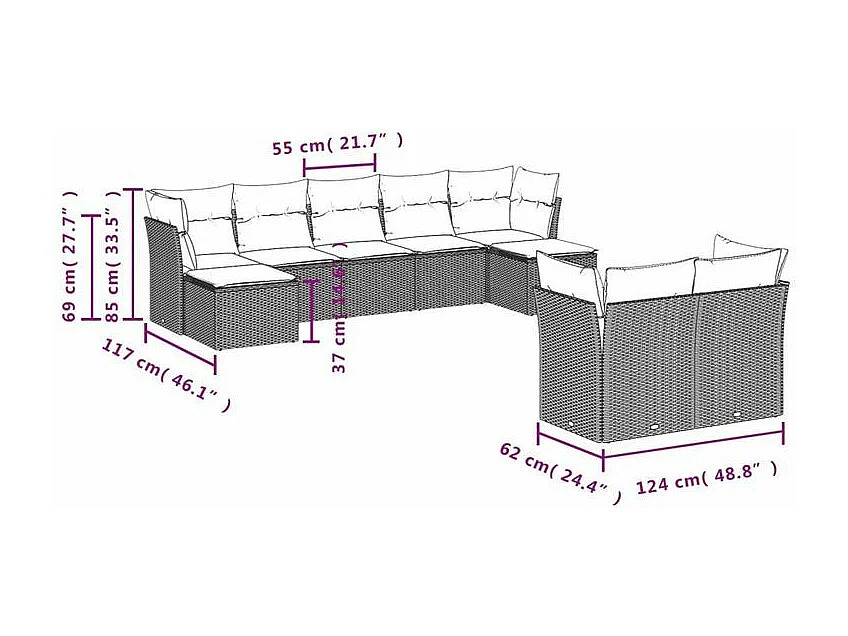 Salon de jardin 9 pcs avec coussins gris clair résine tressée