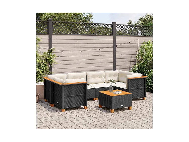 Salon de jardin 7 pcs avec coussins noir résine tressée