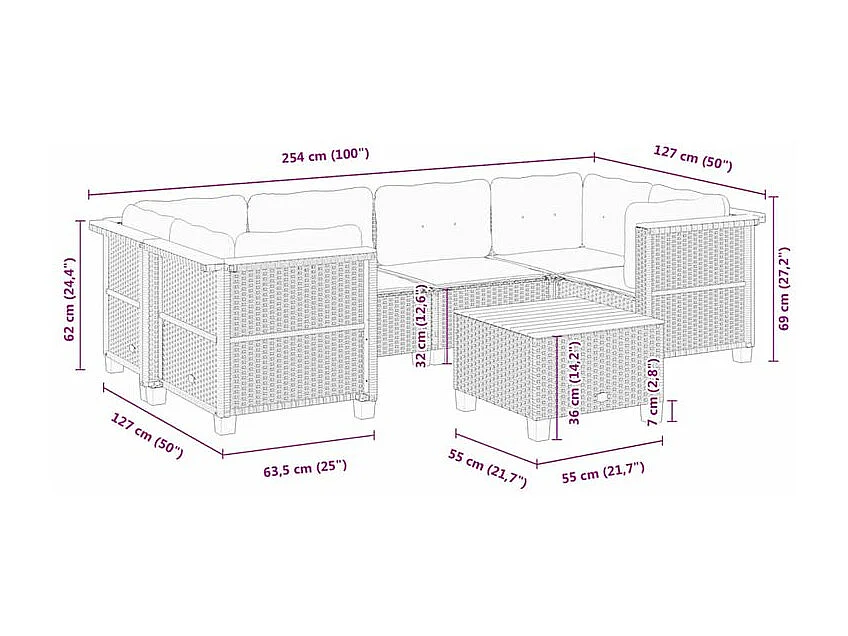 Salon de jardin 7 pcs avec coussins noir résine tressée