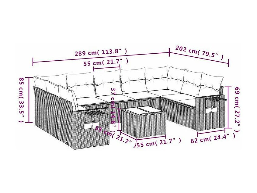 Salon de jardin 10 pcs avec coussins marron résine tressée