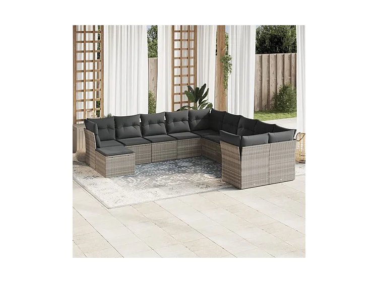 Salon de jardin 11 pcs avec coussins gris clair résine tressée