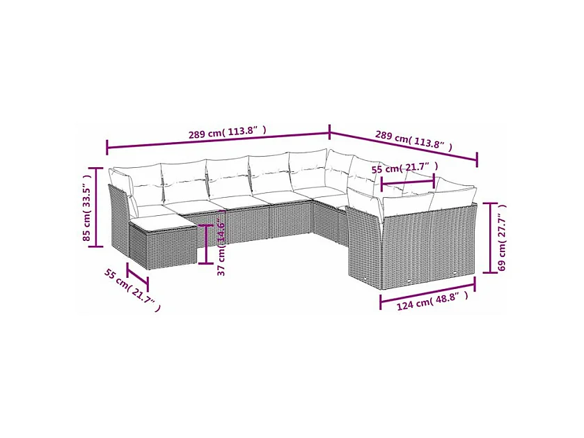 Salon de jardin 11 pcs avec coussins gris clair résine tressée