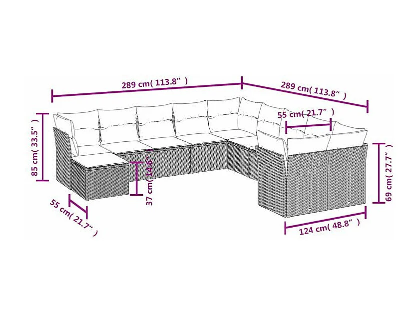 Salon de jardin 11 pcs avec coussins gris clair résine tressée