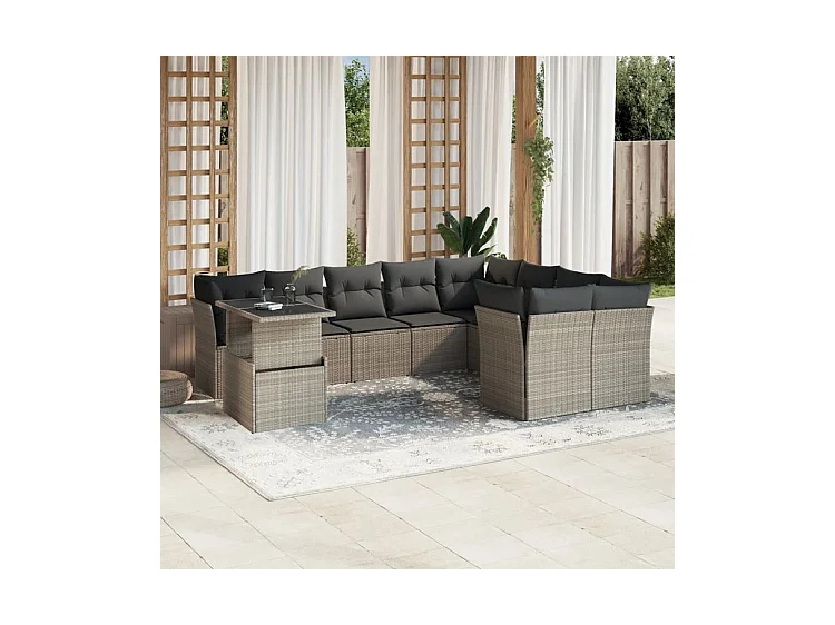 Salon de jardin avec coussins 10 pcs gris clair résine tressée
