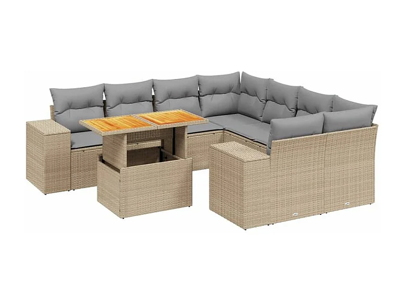 Salon de jardin avec coussins 9 pcs beige résine tressée