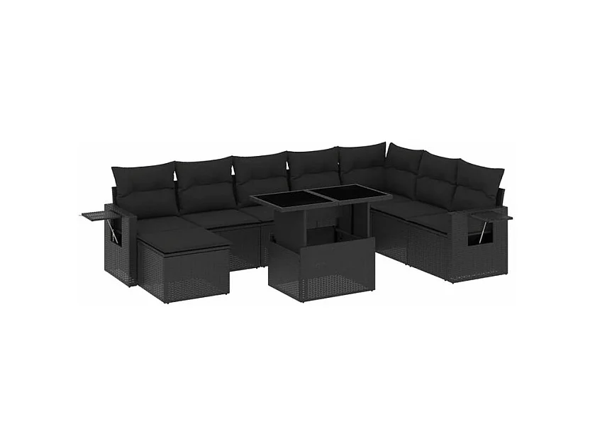 Salon de jardin 8 pcs avec coussins noir résine tressée