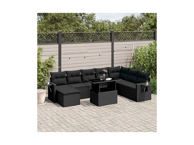 Salon de jardin 8 pcs avec coussins noir résine tressée