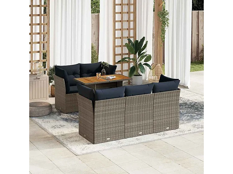 Salon de jardin 6 pcs avec coussins gris résine tressée