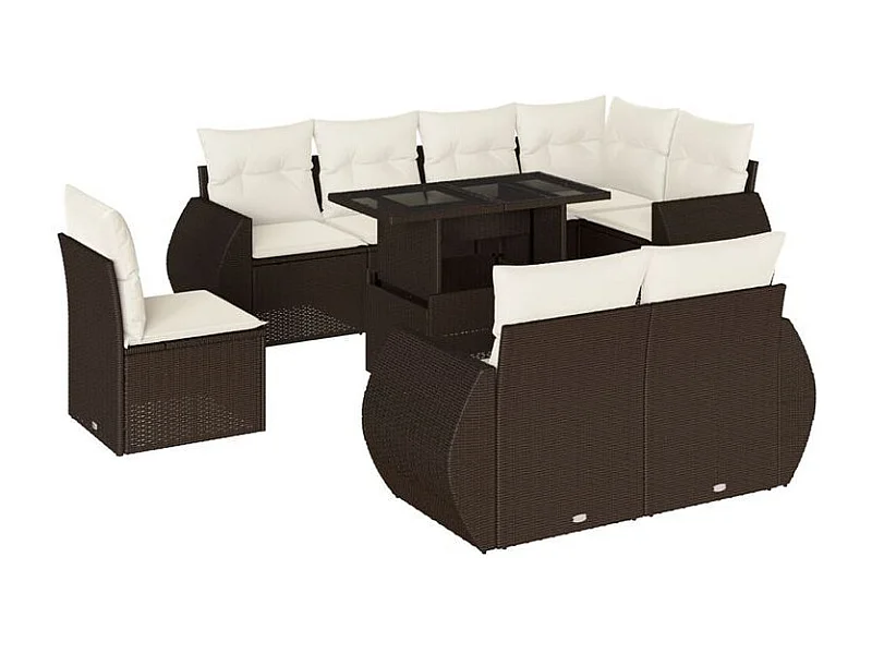 Salon de jardin avec coussins 9 pcs marron résine tressée