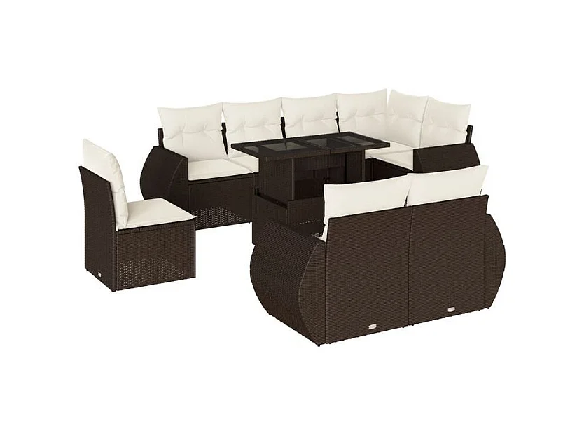 Salon de jardin avec coussins 9 pcs marron résine tressée