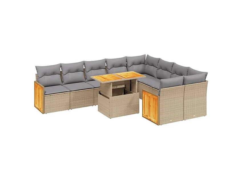 Salon de jardin avec coussins 10 pcs beige résine tressée