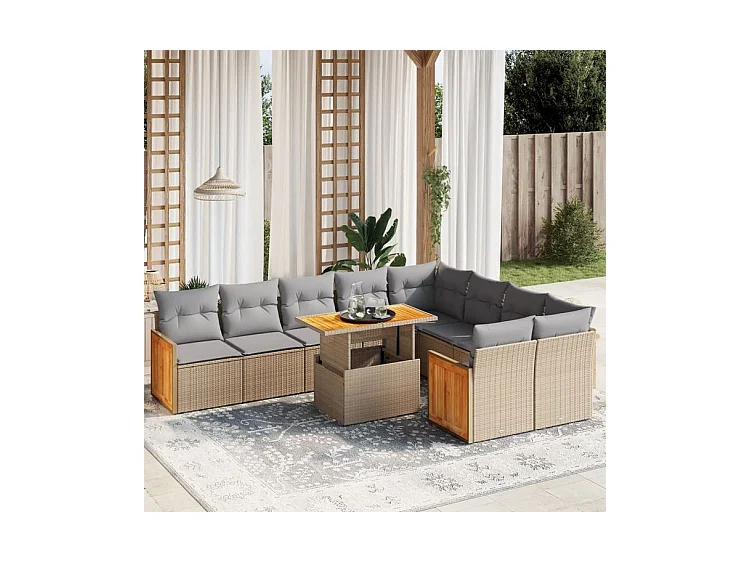 Salon de jardin avec coussins 10 pcs beige résine tressée