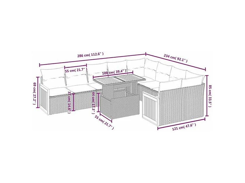 Salon de jardin avec coussins 10 pcs beige résine tressée