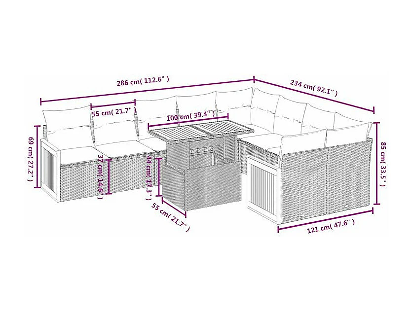 Salon de jardin avec coussins 10 pcs beige résine tressée