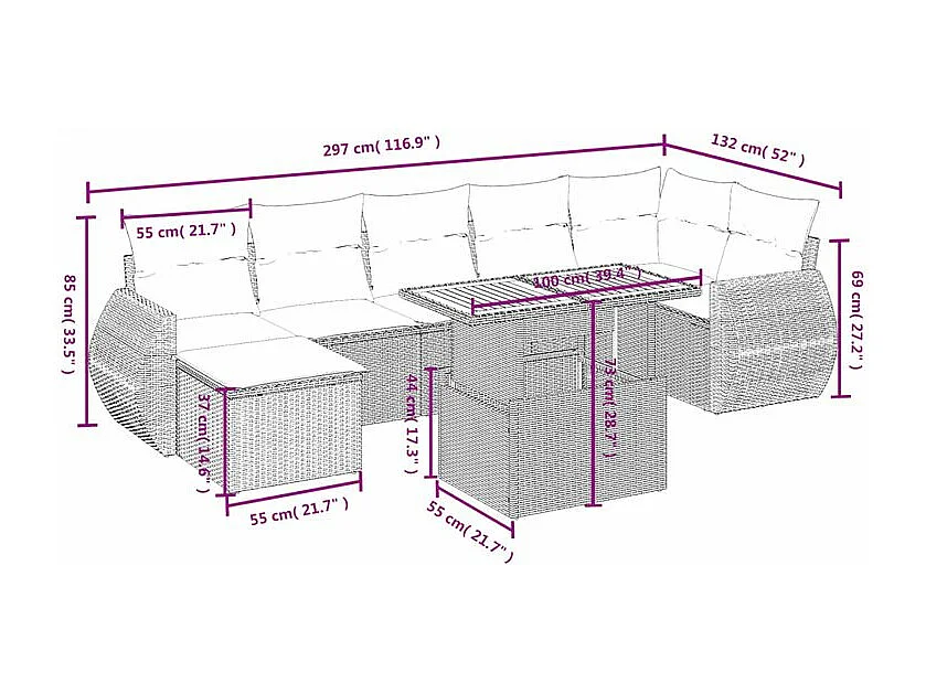 Salon de jardin avec coussins 8 pcs beige résine tressée
