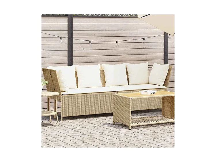 Canapé de jardin avec coussins beige résine tressée