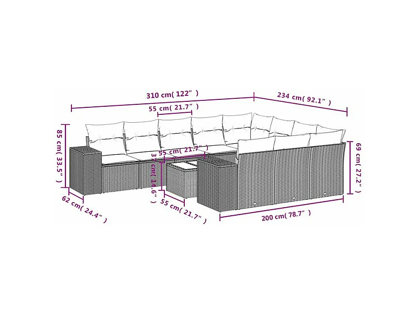 Salon de jardin et coussins 11 pcs marron résine tressée