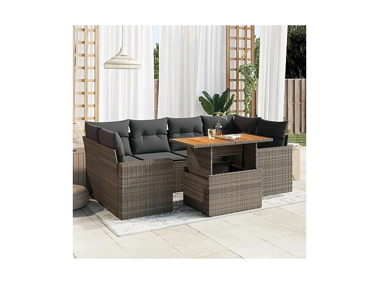 Salon de jardin avec coussins 7 pcs gris résine tressée