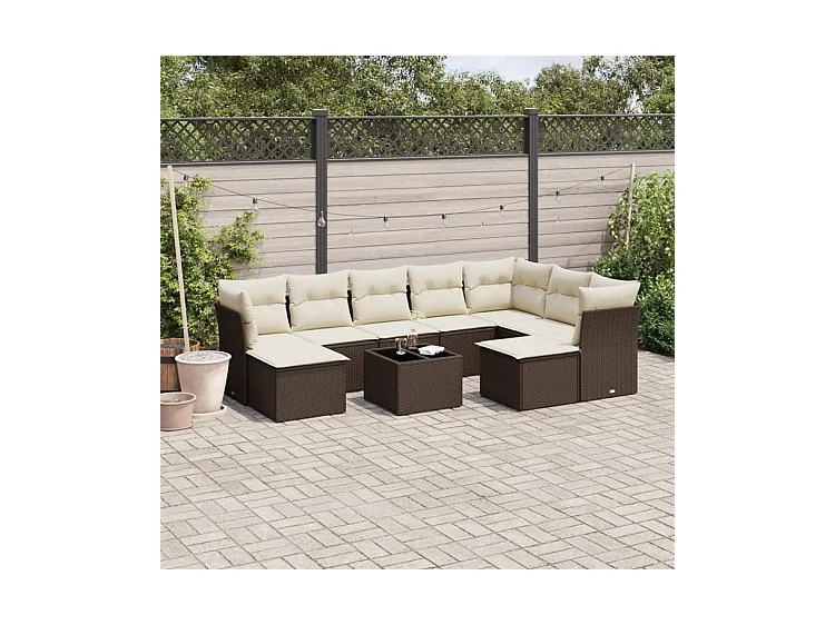 Salon de jardin 10 pcs avec coussins marron résine tressée