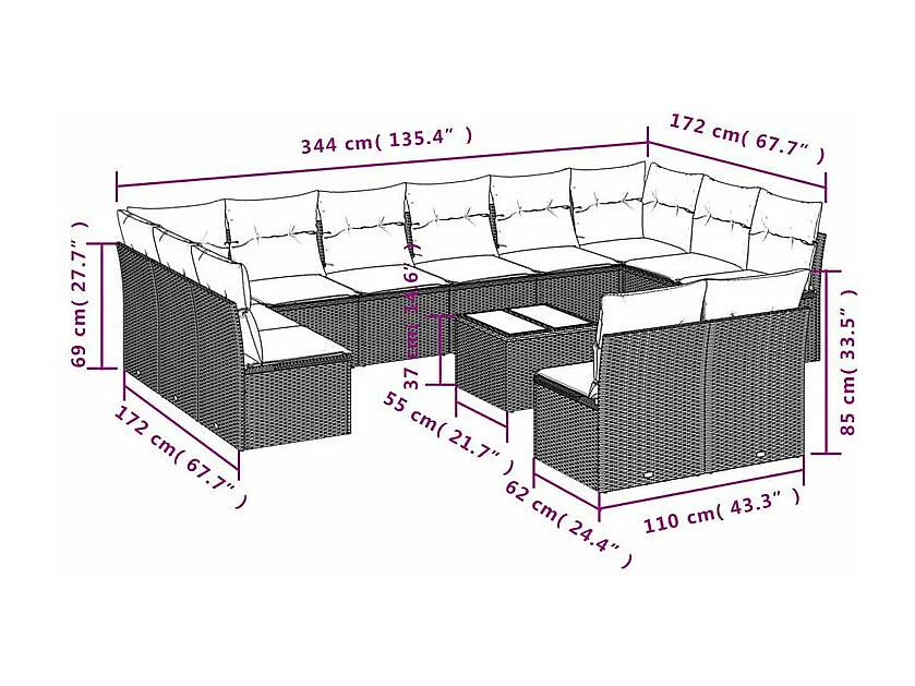 Salon de jardin avec coussins 13 pcs gris clair résine tressée