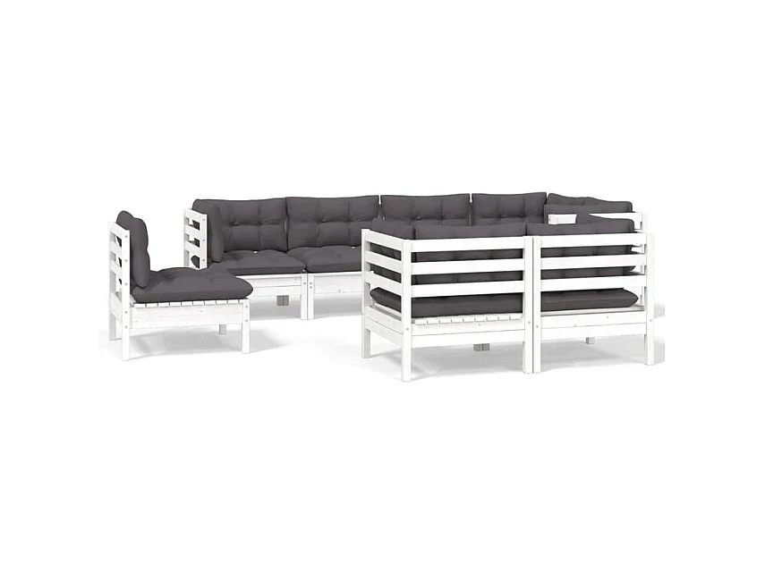 Salon de jardin 8 pcs avec coussins blanc bois de pin massif